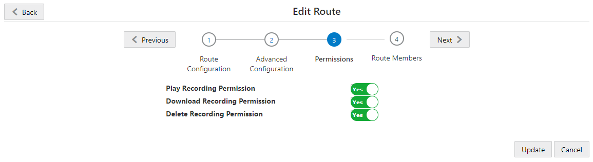 This screenshot shows the Routes Permissions page.