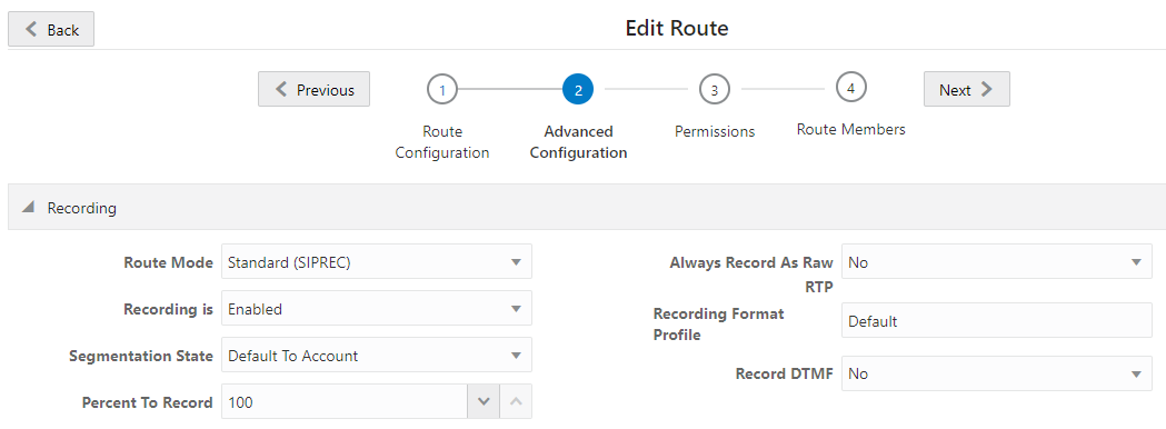 This screenshot shows the Routes Advanced Configurations page.