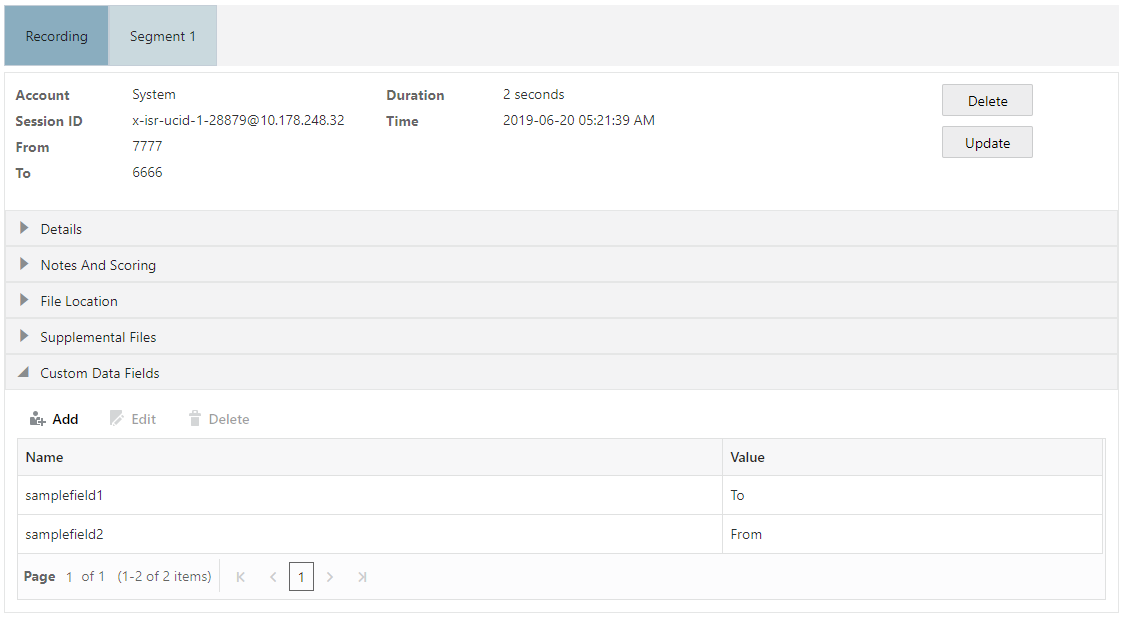 This screenshot shows the Recording Details page's Custom Data Fields section. This screenshot shows the Recording Details page's Custom Data Fields section.