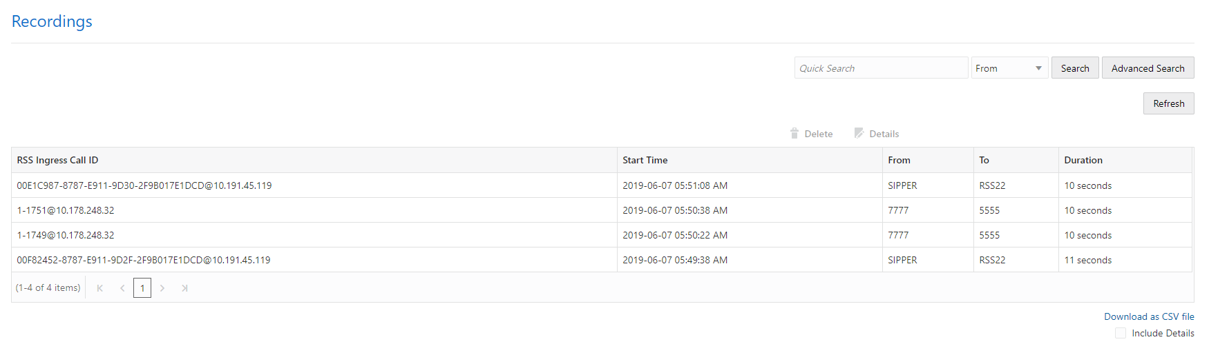 This screenshot shows the Recordings page. This screenshot shows the Recordings page.