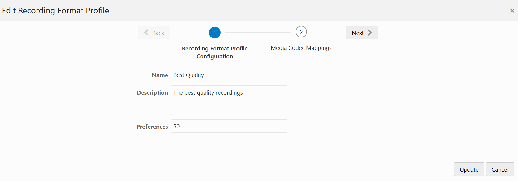 This screenshot shows the Edit Recording Format Profile page.