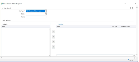 This illustration shows the Task Selector pane of the Simplified Batch Rule window. This pane is used to search the task and select it. Search the task based on Task Type, Folder, or Name. Move the searched task from the Available list to the Selected list and click OK.