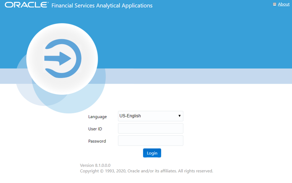 This illustration shows the OFSSA Login Page. You can select the required language from the Language dropdown menu and specify your User ID and Password in the User ID and Password fields to login to the OFSSA Application.