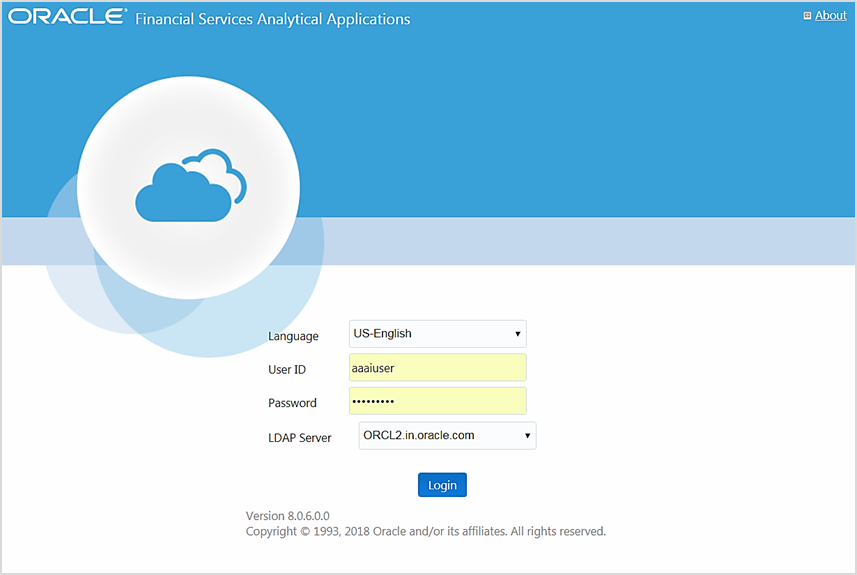 This illustration shows the OFSSA Login Page. You can select the required language from the Language dropdown menu and specify your User ID and Password in the User ID and Password fields to login to the OFSSA Application.