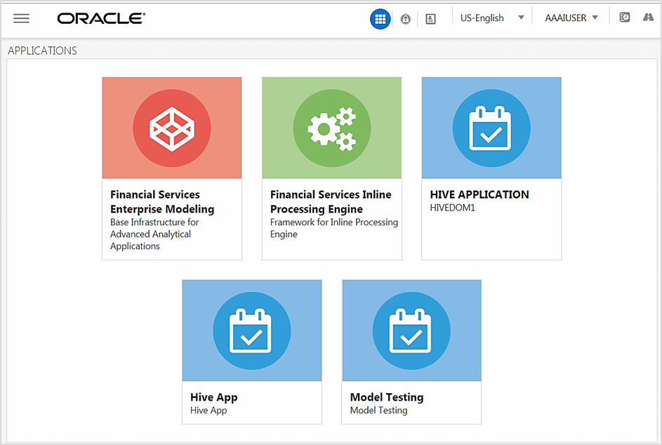 This illustration shows the OFSSA Landing page, which shows the available Applications as tiles for which you has access to.