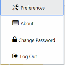 This illustration shows the User Menu, which has options, such as Preferences, About, Change Password, and Log Out. You can use these option to perform quick actions related to the options available.
