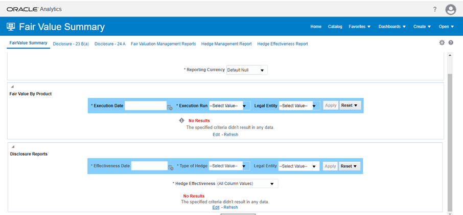 Title: Description of Fair Value Summary Report follows - Description: This illustration shows the Fair Value Summary report page where you can view or edit the settings of a report