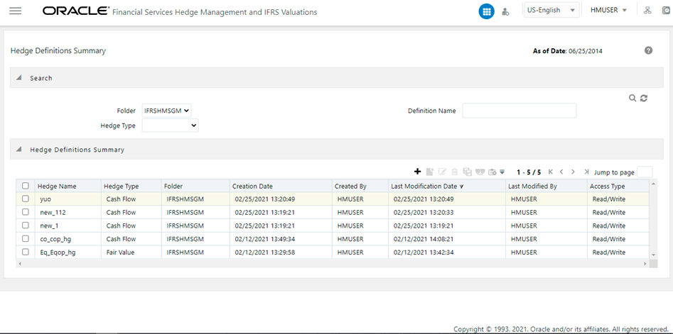 Title: The Hedge Definition Summary pane - Description: You can access the Hedge Definitions section by clicking the Hedge Definitions link present under the Hedge Management menu in the LHS of the OFS HM application. Upon clicking this link, the Hedge Definitions Summary page is displayed with a list of all the existing definitions.