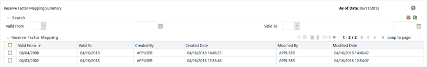 Description: This illustration shows the Reserve Factor Mapping Summary window that can be accessed by clicking the Reserve Factor Segment Mapping link, present in the LHS menu of the application.