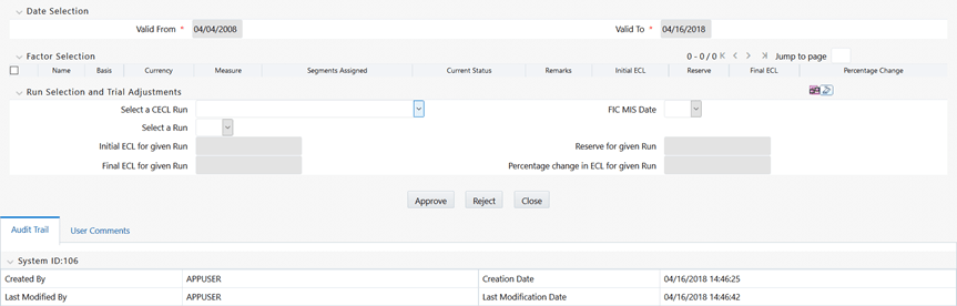 Description: This illustration shows the Reserve Factor Mapping window that can be accessed from the Reserve Factor Mapping Summary window. You must select values for the Valid From and Valid To fields, and add and select a factor in the Factor Selection field, and select values from the Select a CECL Run, FIC MIS Date, and Select a Run fields and then click Map and then click Submit.