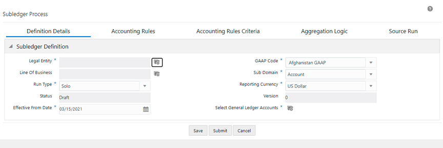 Title: The Subledger Process window - Description: 14. Populate the Subledger Definition pane in the Definition Details tab.