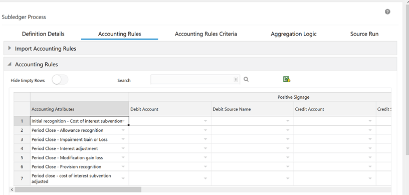 Title: The Accounting Rules Tab with the Expanded Accounting Rules Pane - Description: Click Import to download the Excel file on your system.