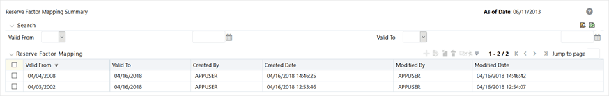 - Description: This illustration shows the Reserve Factor Mapping Summary window that can be accessed by clicking the Reserve Factor Segment Mapping link, present in the LHS menu of the application.