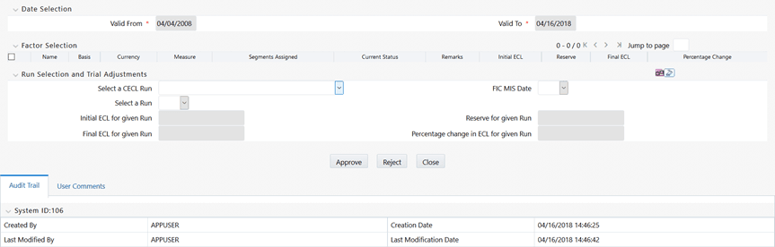 Title: Description of reserve_factor_mapping_summary.png follows - Description: This illustration shows the Reserve Factor Mapping window that can be accessed from the Reserve Factor Mapping Summary window. You must select values for the Valid From and Valid To fields, and add and select a factor in the Factor Selection field, and select values from the Select a CECL Run, FIC MIS Date, and Select a Run fields and then click Map and then click Submit.