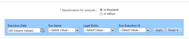 Title: Description of the dashboard filters follows - Description: This image illustrates the Execution Date, Run Name, Legal Entity and Run Execution Id filters that appear on the dashboard.