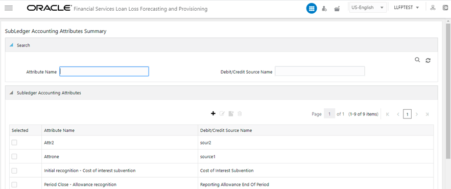 Title: Description of the Subledger Accounting Attributes window follows - Description: You can access the Subledger Attributes window by clicking the Subledger Attributes element from the left-hand side menu. When you click this element, the Subledger Accounting Attributes Summary window is displayed Title: Description of the Subledger Accounting Attributes window follows - Description: You can access the Subledger Attributes window by clicking the Subledger Attributes element from the left-hand side menu. When you click this element, the Subledger Accounting Attributes Summary window is displayed