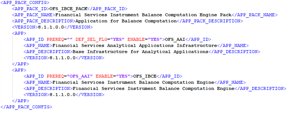 This illustration shows the OFS_IBCE_PACK.xml file with sample values for the parameters.