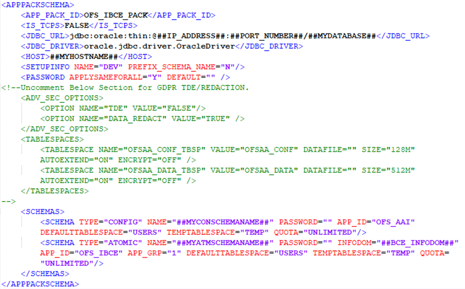 This illustration shows the sample of the OFS_IBCE_SCHEMA_IN.xml file with parameters.
