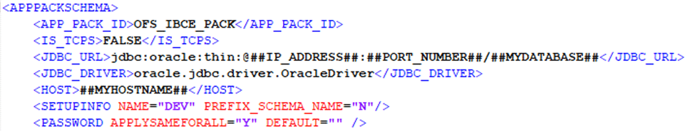 This illustration shows the OFS_IBCE_SCHEMA_IN.xml file with sample values for the APPPACKSCHEMA block parameters. 