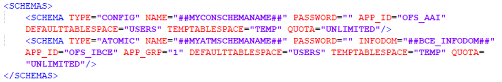 This illustration shows the OFS_IBCE_SCHEMA_IN.xml file with sample values for the SCHEMAS block parameters.