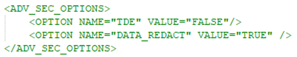 This illustration shows the OFS_IBCE_SCHEMA_IN.xml file with sample values for the ADV_SEC_OPTIONS block parameters.