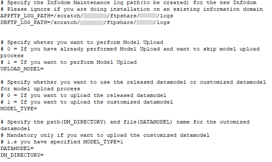 This illustration shows the Silent.props file (Silent.template) for the RDBMS only new installation with the property name and permissible values.