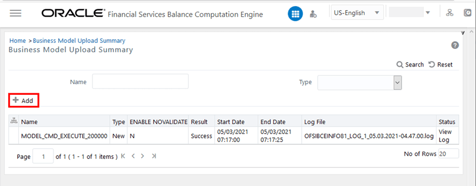 This illustration shows the Business Model Upload Summary page with Add option to perform a Business Model upload.