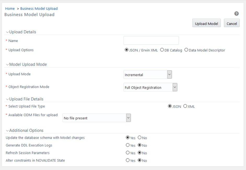 This illustration shows the Business Model Upload page. Enter and select the required details for uploading a Business Model.