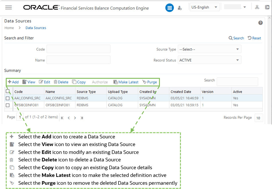 This illustration shows the Data Sources page and its elements. Select the Add icon to create a Data Source, select the View icon to view an existing Data Source, select the Edit icon to modify an existing Data Source, select the Delete icon to delete a Data Source, select the Copy icon to copy an existing Data Source details, select the Make Latest icon to make the selected definition active, or select the Purge icon to remove the deleted Data Sources permanently.