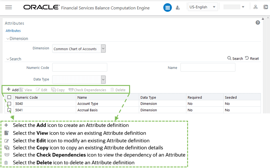 This illustration shows the Attributes page in Dimension Management. The Attributes page displays the list of pre-defined Dimension Attributes with the other details such as the Numeric Code, Name, Data Type, Required, and Seeded. You can search for a specific Attribute based on Numeric Code, Name, or Data Type and view the list of existing definitions within the system. For more information, see the content that follows this illustration.