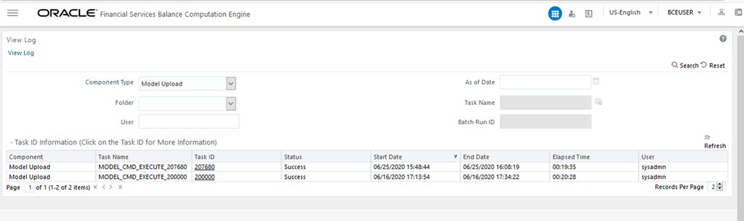 This illustration shows selecting the Component Type and other Attributes in the View Log page. Select the required Component Type and other attributes, and click Search. The list of Task IDs corresponding to the selected component is displayed in the Task ID Information section. Select the required Task ID.