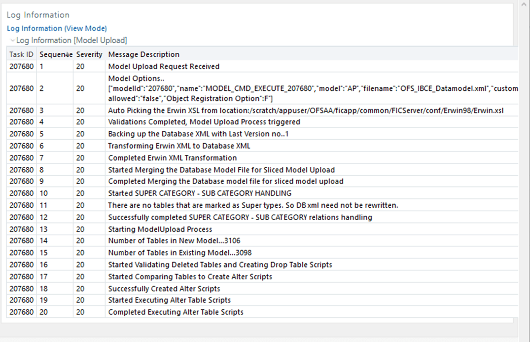 This illustration shows the Log Information page that contains the log information related to the selected component and Task ID. 