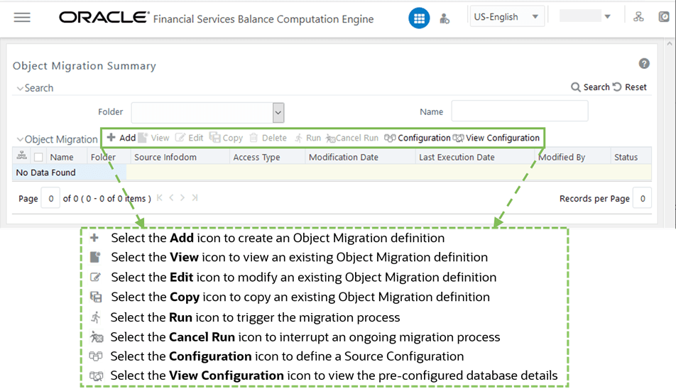 This illustration shows the Object Migration Summary page. The Object Migration Summary page displays the list of pre-defined Object Migration rules with the other details such as Name, Folder, Source Infodom, Access Type, Modification Date, Last Execution Date, Modified By, and Status. You can use the Search option to search for a required Object Migration rule based on the Name or Folder in which it exists. The pagination option helps you to view the list of existing Object Migration rules within the system. You can add, view, edit, copy, and run the object mogration, and also configure the source.