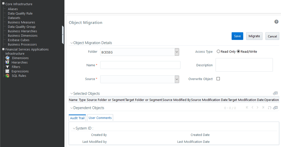 This illustration shows creating the Object Migration Definition. Create an Object Migration definition in the target setup and launch the migration from the definition. Or save the definition details and execute the migration process at a later point. Enter or select the required details in the Object Migration Details section.