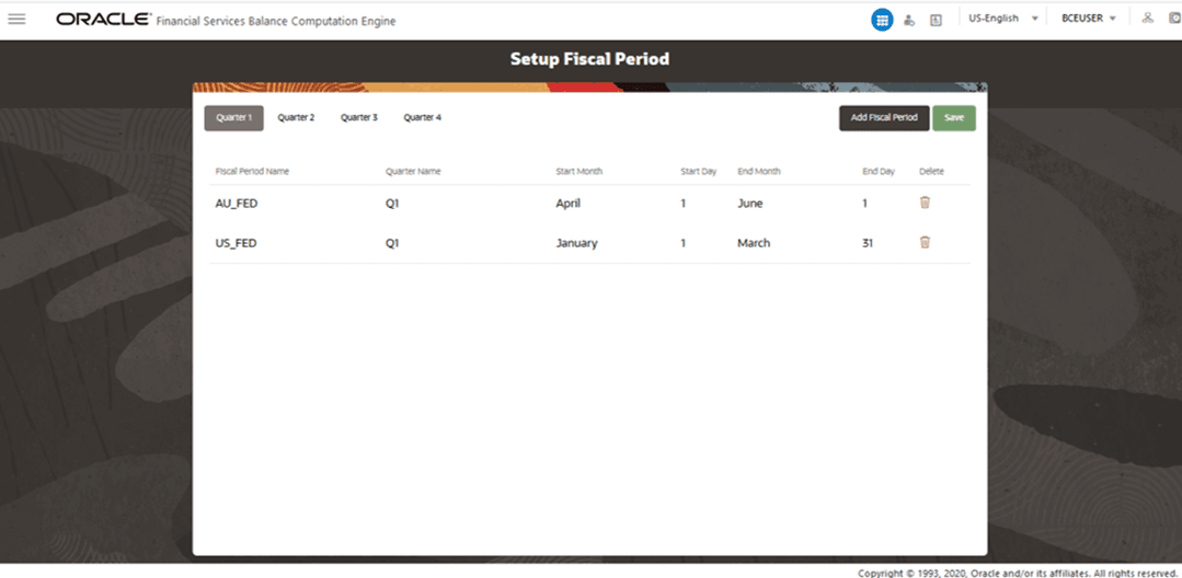 This illustration shows the Setup Fiscal Period page. To add a fiscal period, perform actions mentioned in the steps that follow this illustration.