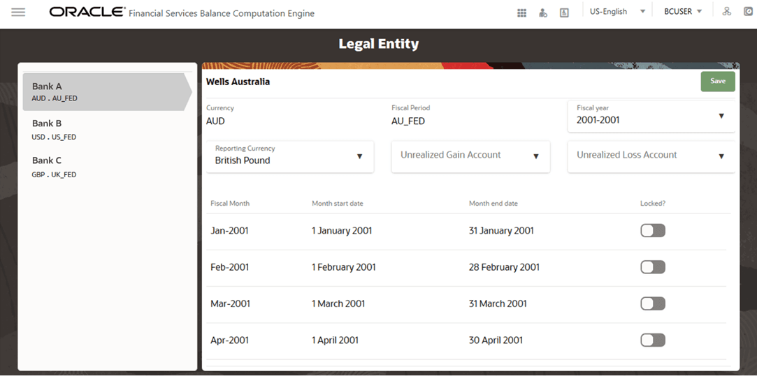 This illustration shows the Legal Entity page. Set the Reporting Currency and Unrealized Gain or Loss account for processes such as Currency Translation and Revaluation. The explanation precedes this illustration.