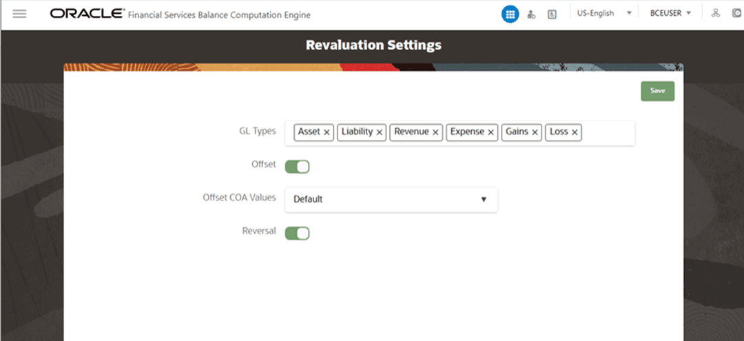 This illustration shows the Revaluation Settings page. These settings affect the designing and execution of the Revaluation Process in the Process Modelling Framework. The description of the fields is provided in the table that follows this illustration.