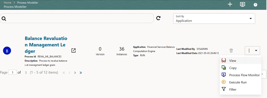 This illustration shows selecting the Execution Run for the Balance Revaluation Management Ledger process.