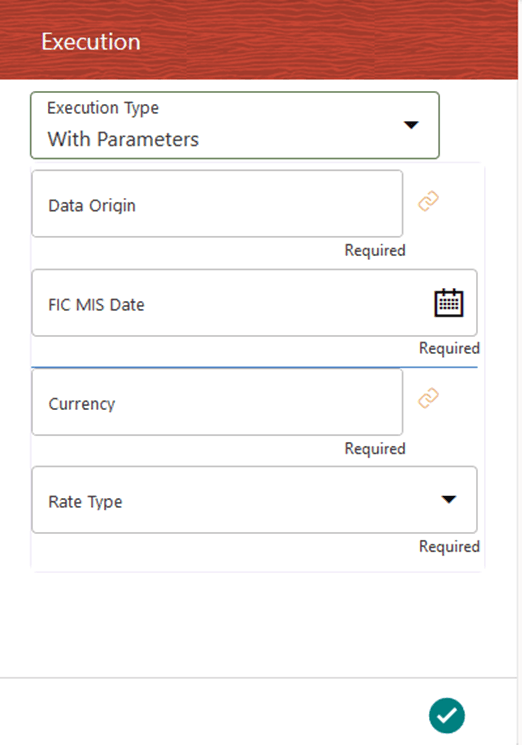 This illustration shows the Execution with parameters page in the Balance Revaluation Management Ledger Process. When you enter the required Run parameters and select the Accept icon, the Run execution is triggered. The functionalities are described in detail in the tabular column that follows this illustration.