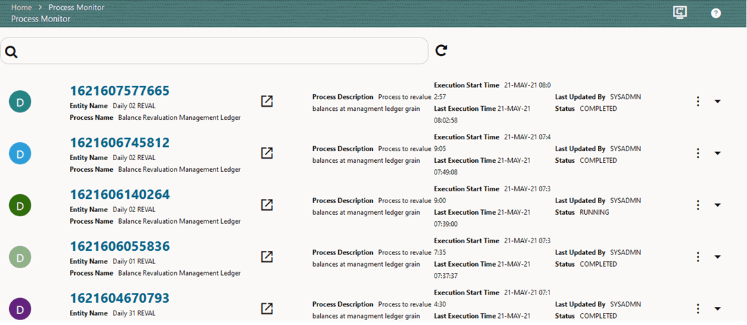 This illustration shows selecting the Job ID in the Process Monitor Page for the Balance Revaluation Management Ledger Process.