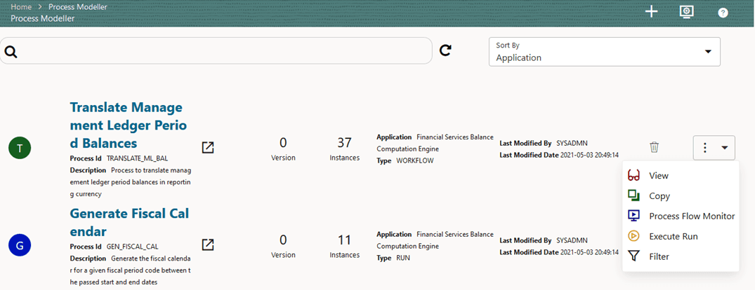 This illustration shows selecting the Execute Run for the Translate Management Ledger Period Balances process.