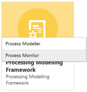 This illustration shows the Process Modelling Framework submenu. This submenu lists the Process Modeller and the Process Monitor options. Select Process Modeller to open the Process Modeller page or select Process Monitor to open the Process Monitor page.