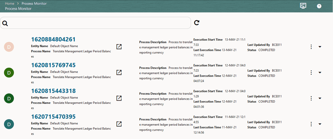 This illustration shows the Process Monitor page. This page displays all the workflows, which are invoked from the application with details such as Entity Name, Entity ID, Process Name, Process Description, Execution Start Time, Last Execution Time, Last Updated By, and Status. You can abort, resume, or re-run a Pipeline. You can also launch the Process Modeller page from this page.
