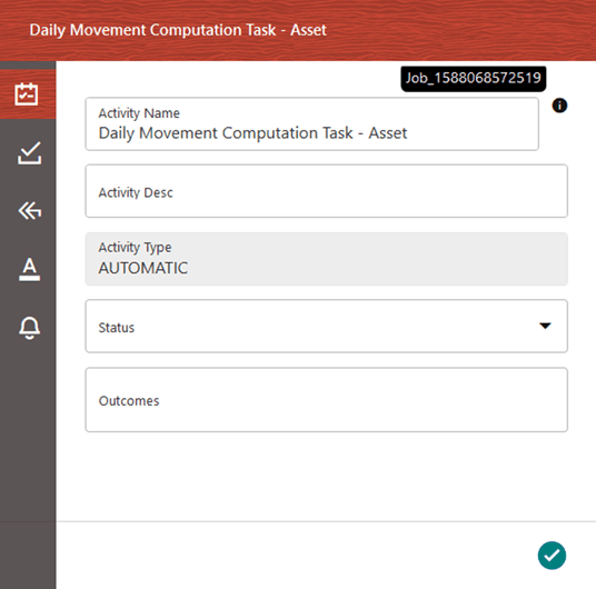 This illustration shows the Balance Computation Management Ledger process with Service Task details. A Service task consists of the details related to its Activity, Implementation, Transitions, Actions, and Notifications represented by the icons.
