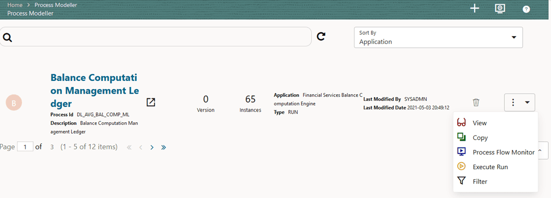 This illustration shows the selection of the Execute Run in the Balance Computation Management Ledger process.