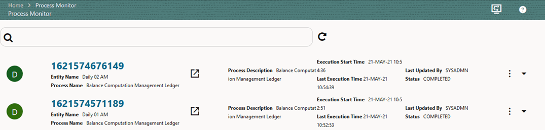 This illustration shows selecting the Job ID in the Process Monitor page for the Balance Computation Management Ledger process.