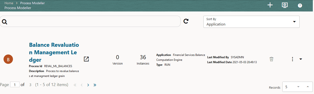 This illustration shows selecting the Balance Revaluation Management Ledger Process in the Process Modeler page.
