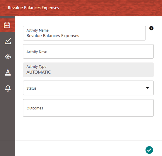This illustration shows the Balance Revaluation Management Ledger process with Service Task details. A Service task consists of the details related to its Activity, Implementation, Transition, Action, and Notification represented by the icons.