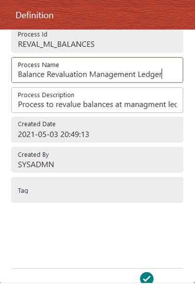 This illustration shows the Balance Revaluation Management Ledger process with the Definition details. Edit the required details and save the updates.