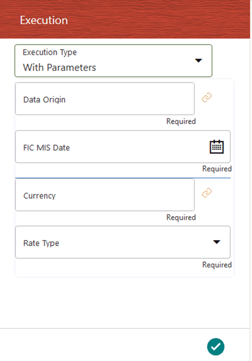 This illustration shows the Execution with parameters page in the Balance Revaluation Management Ledger Process. When you enter the required Run parameters and select the Accept icon, the Run execution is triggered. The functionalities are described in detail in the tabular column that follows this illustration.